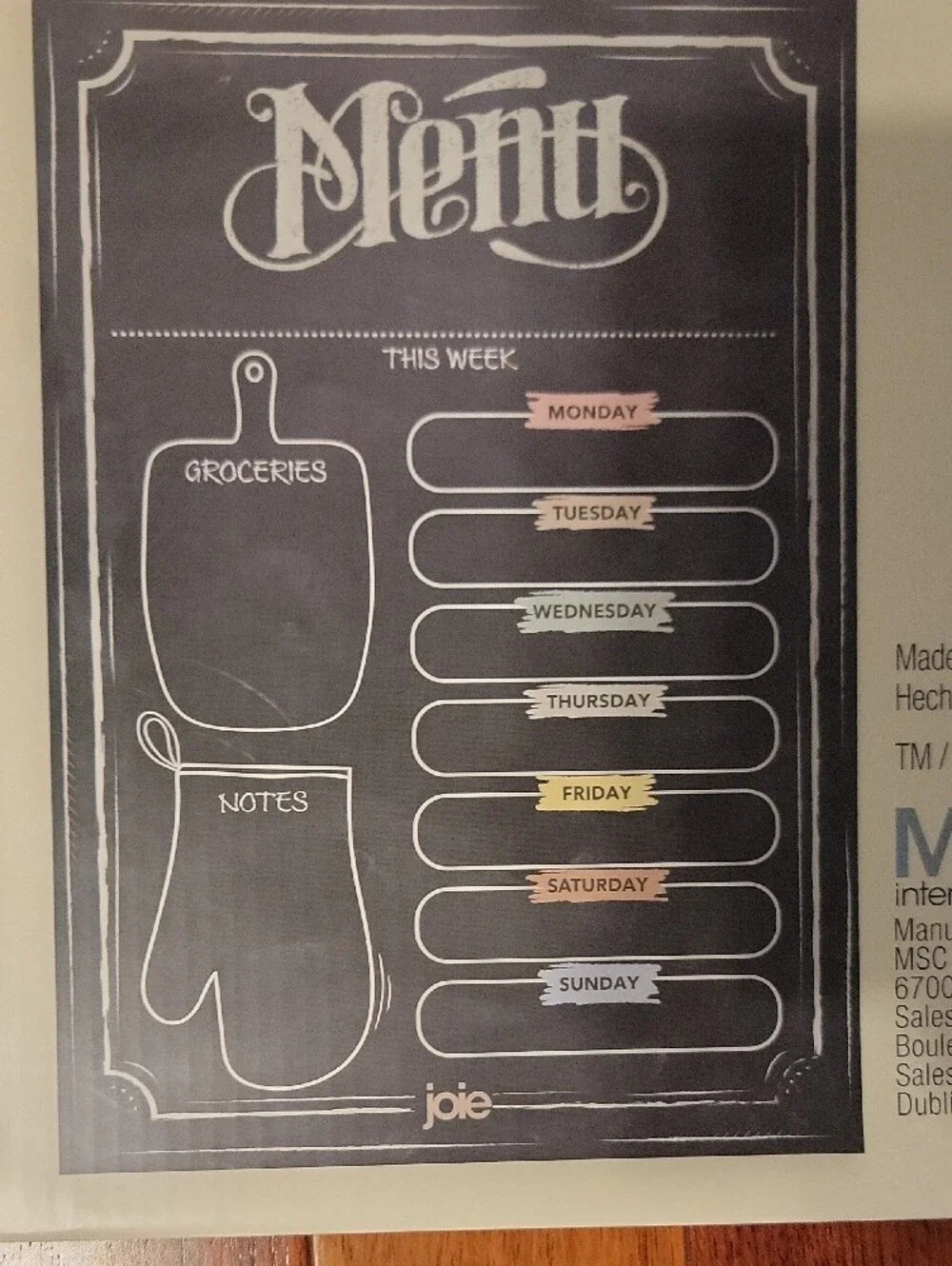 Joie Magnetic Meal Planner Set - Black Chalkboard Style with Cream Frame